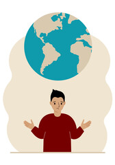 The man spread his arms and the planet Earth is above his head. Earth day holiday concept, saving the planet, saving energy, global warming or climate change.