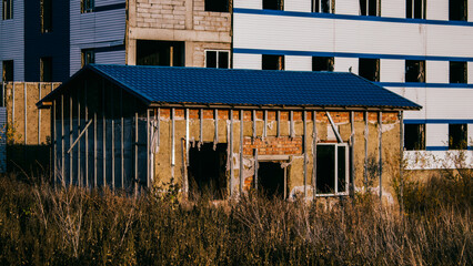 Abandoned industrial buildings. Industrial landscape. Kazakhstan, 2022.