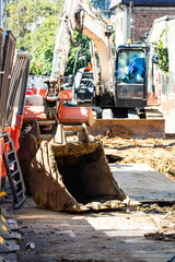 Fototapeta premium Detail of industrial excavator working on construction site