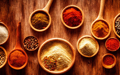 spices, cloves, cinnamon, coriander, cardamom, saffron, salt, pepper, paprika, turmeric, on a wooden table, close-up, rustic style, farm