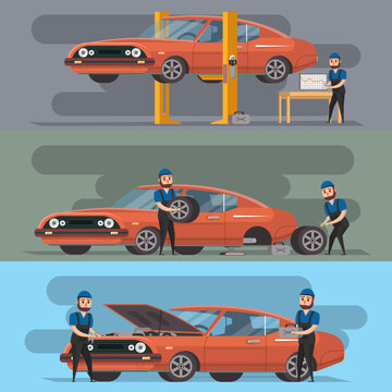 Tire service and car repair set. Mechanic in uniform repairing automobile at auto service garage, car computer diagnostics, red car lifted on autolift, mechanic changing car wheel vector illustration.