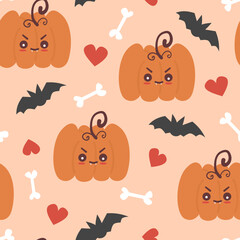 cute lovely autumn season seamless vector pattern background illustration with cartoon character orange baby pumpkins, bats, bones and red hearts	