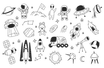 Space rocket alien spacecraft line sketch design element abstract set