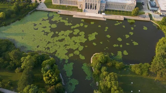 Chicago, IL USA September 16th 2022: Aerial drone footage of the Chicago Museum of Science and industry during the summer time. the view from above is beautiful with the lake water full of life