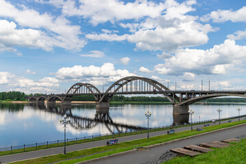 Fototapeta na wymiar View of the Rybinsk road bridge over the Volga River. Rybinsk, Russia.