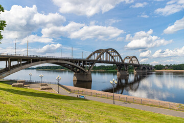 View of the Rybinsk road bridge over the Volga River. Rybinsk, Russia.