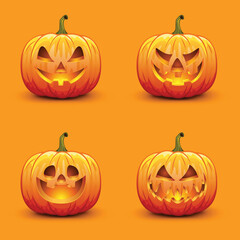 Set of cute and scary Halloween pumpkins. Autumn holiday vector illustration