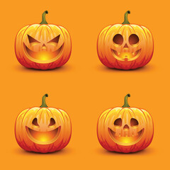 Set of cute and scary Halloween pumpkins. Autumn holiday vector illustration