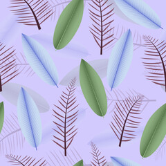 Modern seamless ditsy pattern design of tropical palm and heliconia leaves. Artistic vector repeating foliage texture background for textile