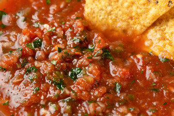 Mexican Tomato Salsa with lime, onion, jalapeno pepper, parsley and tortilla chips