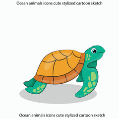 Ocean animals icons cute stylized cartoon sketch