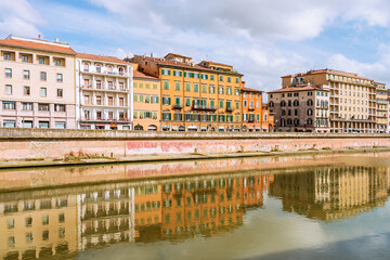Old buildings in the Arno River's edge, iin the Tuscany region and It is the most important river of central Italy after the Tiber. Pisa, 2019