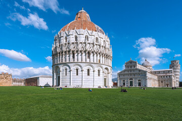 The Pisa Baptistery of St. John is a Roman Catholic ecclesiastical building, built in white marble between 1152 and 1363 years, designed by Diotisalvi, Pisa, Italy, 2019 - obrazy, fototapety, plakaty