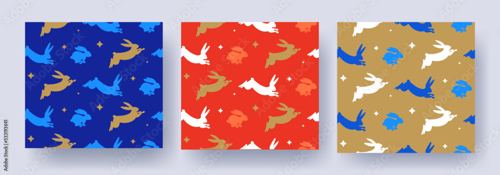 Poster collection of seamless pattern with running, jumping rabbits in modern minimal style in red, gold an