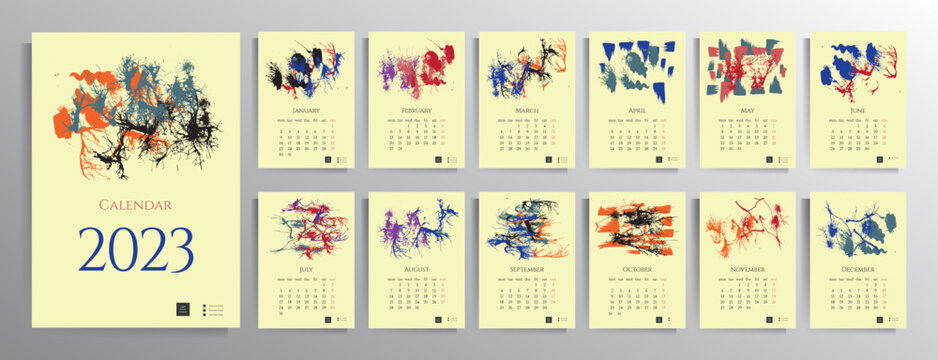 Calendar template for 2023. Wall calendar for 12 months. Contemporary design with abstract artistic illustrations.