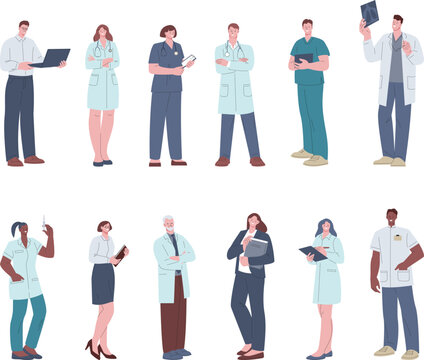 Hospital Team, Doctors, Nurses And Healthcare Workers. Administrator Clinic Staff, Pharmacist And Therapist. Flat Medical Professional Kicky Vector Characters