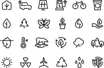 Eco environment icons. World forests protection nature caring electrical green energy line symbols, global bio plant management signs