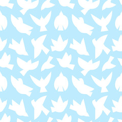 Flying bird abstract silhouettes on blue background. White bird, dove or seagull seamless pattern. Flat different poses doves fabric print. Vector texture with pigeon