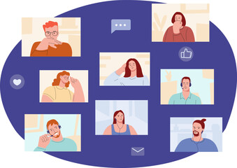 Online video conference or chatting. Corporate digital call, office people remote meeting. Freelance colleagues, interview or internet live streaming vector concept