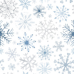 Watercolor seamless pattern with blue and grey snowflakes, isolated on transparent background