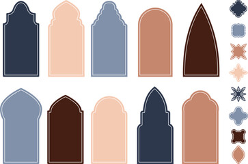 Arabic windows template, oriental design arch and decor. Islamic silhouettes doors design. Boho style shields, shapes mosque dome, decent architecture vector set