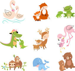Fototapeta na wymiar Cartoon cubs and mother animals. Mother elephant koala, wild cute baby. Animal and pets, funny family bird in love. Mom bear and swan nowaday vector characters