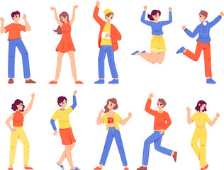 Positive young adults characters. Different university youth societies person, happy teenager or young friends. Cheering celebration carefree students snugly vector set