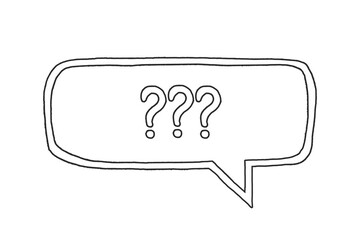 Hand drawn speech bubble with signs of question marks against white isolated background. Simple and primitive doodle style illustration of misunderstanding, questions, faq