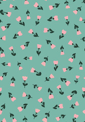 Random placed cute little flowers with leaves seamless repeat pattern. Vector, botanical all over surface print on green background.