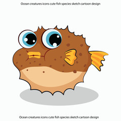 Ocean creatures icons cute fish species sketch cartoon design