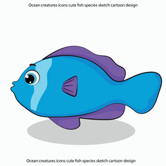 Ocean creatures icons cute fish species sketch cartoon design