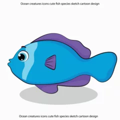 Tuinposter Ocean creatures icons cute fish species sketch cartoon design © Vector