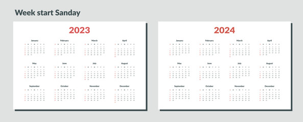 2023-2024 Calendar Template. Vector layout of a wall or desk simple calendar with week start sunday.