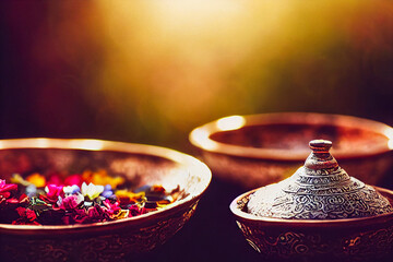Tibetan bowls, meditation and tranquility, beautiful authentic Indian dishes, oriental culture,...