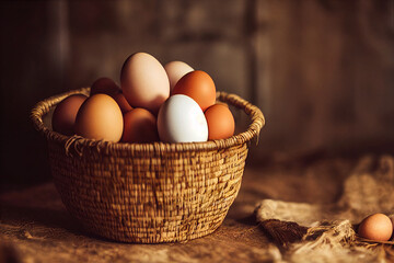 chicken eggs in a wicker basket on a farm on a wooden table, rustic style