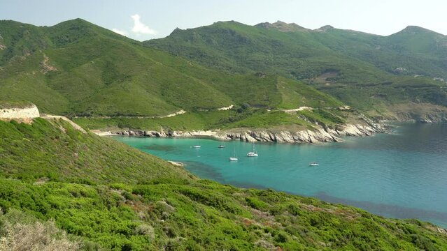 Panoramic view with the beautiful Plage d'Aliso, near Morsiglia, in northern Corse, France.