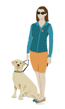 Une femme aveugle avec son chien guide sur fond blanc
