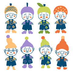 Cute little gnomes doodle clipart collection. Perfect for posters, stickers, tee, logo and print. Isolated vector illustration for decor and design.