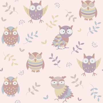 Girl birds seamless pattern. Funny forest background with cute owls. Vector illustration with baby wild characters for baby shower, birthday, party design.