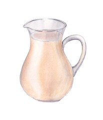 Watercolor glass jug with milk. Hand drawn illustration, isolated on white background