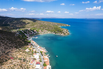 A distant view of Urla Balıklıova, formerly called Polikhne and located in İzmir, the pearl of the Aegean region. Drone view of Balikliova, Urla  Izmir. Turkey