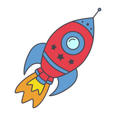 Doodle rocket. Cartoon spaceship. Hand drawn celestial icon of spacecraft
