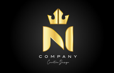 gold golden N alphabet letter logo icon design. Creative crown king template for company and business