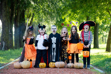 Fototapeta premium Today's day is full of fun. Happy group of kids on Halloween
