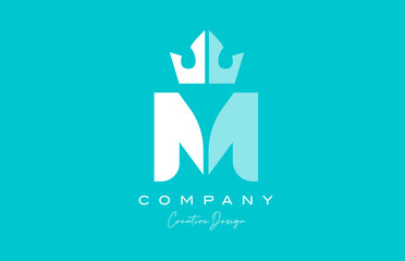 M blue pastel alphabet letter logo icon design with king crown. Creative template for business and company