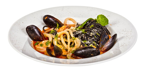 Black tagliatelle (pasta made with cuttlefish ink) with shrumps, mussel and squid