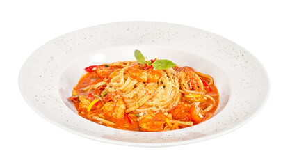 A plate of linguini with sauteed shrimp, tomato, chili  and olive oil