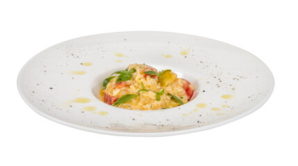 photo of delicious risotto dish with herbs and tomato on white background