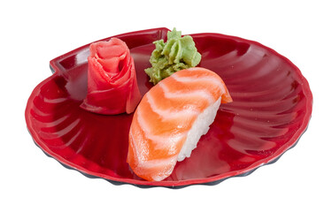 studio shoot of japanese sushi vaki with salmon on white background