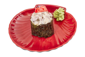 spice sushi with sauced slices of smoked Eel, chicken and caviar of flying fish isolated on white background